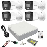 Kit supraveghere Hikvision 4 camere Dual Light, 2MP Lumina alba 20m IR 30m DVR 4 canale 4 MP lite Hard 500, accesorii SafetyGuard Surveillance