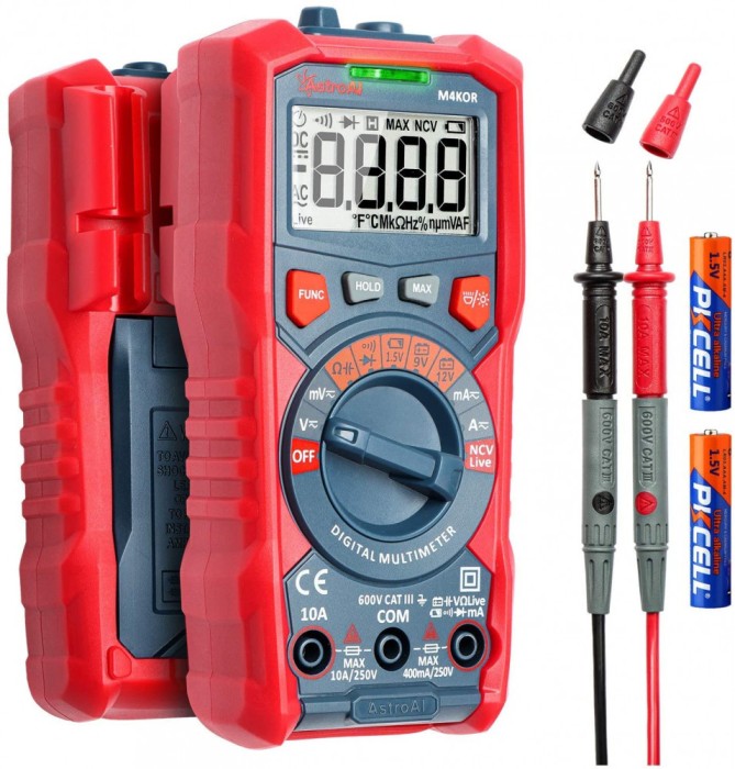 Multimetru digital AstroAI M4KOR, TRMS 4000, Ohmmetru, Voltmetru 1,5V 9V 12V, Masurare fara contact, Lanterna