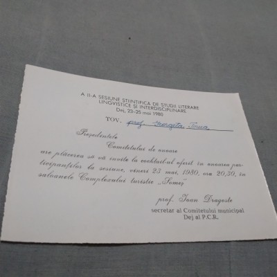 INVITATIE SESIUNEA STIINTIFICA DE STUDII LITERARE /PERIOADA COMUNISTA /DEJ 1980 foto