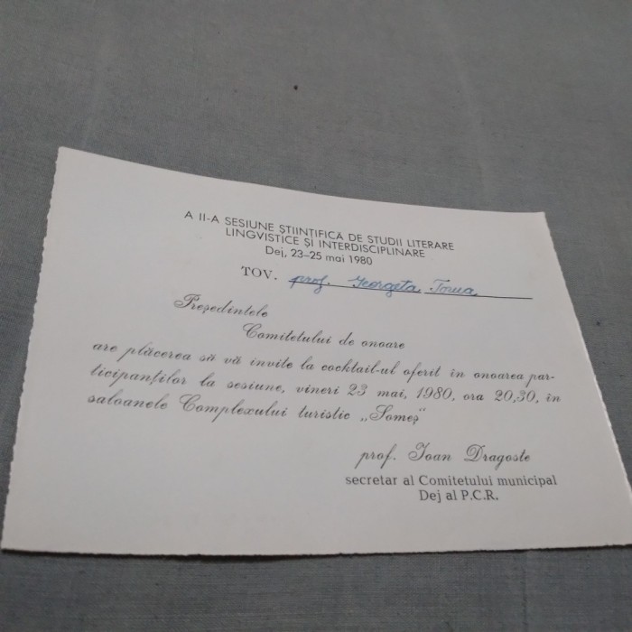 INVITATIE SESIUNEA STIINTIFICA DE STUDII LITERARE /PERIOADA COMUNISTA /DEJ 1980