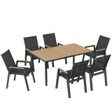 Outsunny Set mobilier de grădină 7 piese masă cu 6 scaune respirabile spătar &icirc;nalt design lamele aspect lemn | Aosom Romania