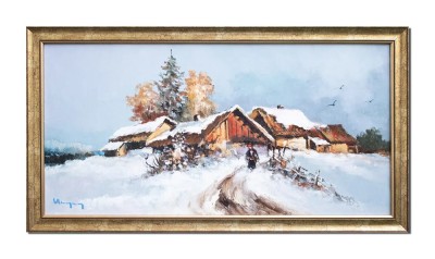 Tablou peisaj de iarna pictat manual inramat, 75x40cm ulei pe panza, rama din lemn, Geo Ungureanu foto
