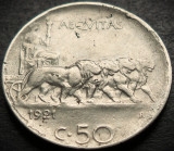 Moneda istorica 50 CENTESIMI - ITALIA, anul 1921 *cod 5003 = MUCHIE ZIMTATA! RAR