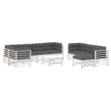 Set mobilier de gradina cu perne, 10 piese, alb, lemn masiv