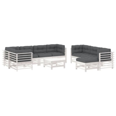 Set mobilier de gradina cu perne, 10 piese, alb, lemn masiv foto