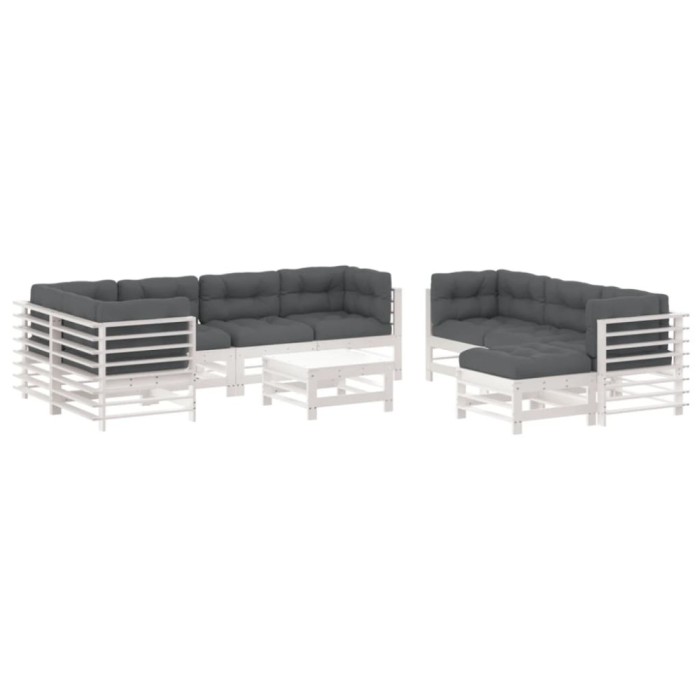 Set mobilier de gradina cu perne, 10 piese, alb, lemn masiv