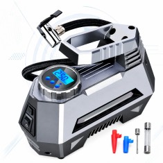 Compresor Auto 12V Dc-150 Psi, 120W, Manometru Digital,3 adaptoare incluse, Lanterna Led, Silver