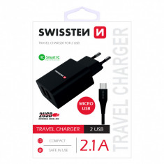 Incarcator Retea cu cablu MicroUSB Swissten Travel, 2 X USB, 2.1A, Negru