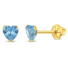 Cercei Aur 14K Copii, model Birthstone (zi nastere martie), forma Inima cu Piatra CZ Light Blue