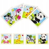 Cumpara ieftin Puzzle educativ cu suport din lemn, set 4 modele animale, 11 x 11 cm, 9 piese fiecare, joc de logica si asociere pentru copii 3+ ani