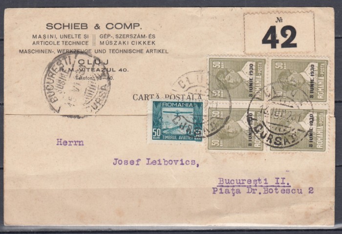 ROMANIA 1931 INTREG POSTAL CIRCULAT CLUJ - BUCURESTI 1931