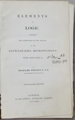 Elements of Logic, Comprising the Substance of the Articleon the Encyclopaedia Metropolitana by Richard Whately - Londra, 1836 foto