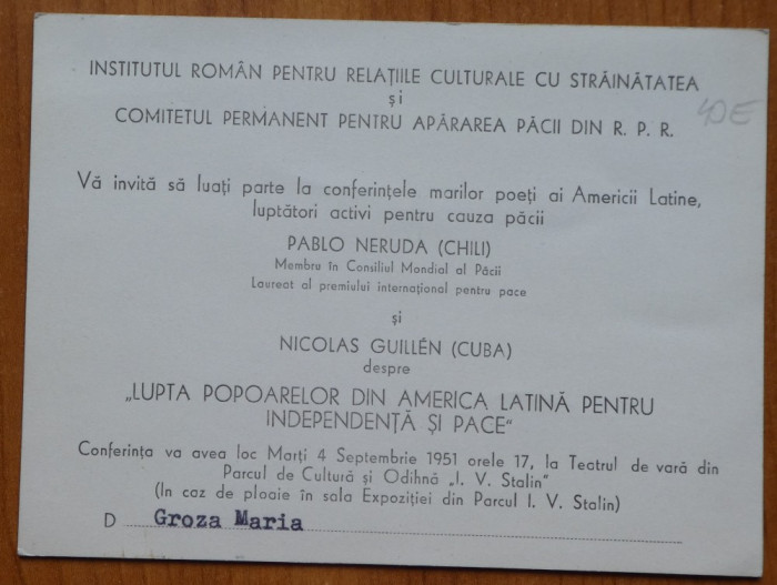 5 invitatii la diverse evenimente adresate lui Octavian si Mia Groza, anii70