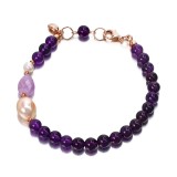 Cumpara ieftin Brățară damă argint 925 placat aur roz, cu perle de cultură &amp; ametist, reglabilă 18-23cm, Armonia - Made in Italy