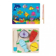 Set 2 Puzzle din lemn, joc cu undita magnetica pentru a prinde pesti din puzzle si puzzle cu legume si cutit, multicolor, 15 piese