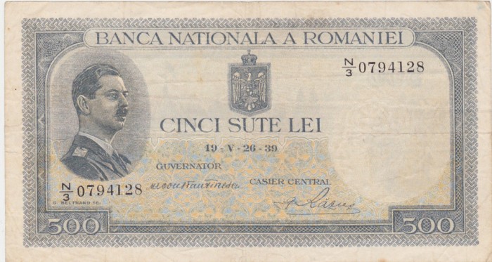 ROMANIA 500 lei 1939 aVF supratipar
