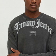 Tommy Jeans bluza barbati, culoarea gri, cu glugă, cu imprimeu