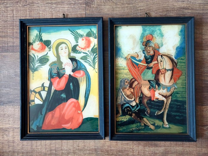 Lot 2 tablouri reproduceri dupa 2 icoane pe sticla celebre, in rama de lemn