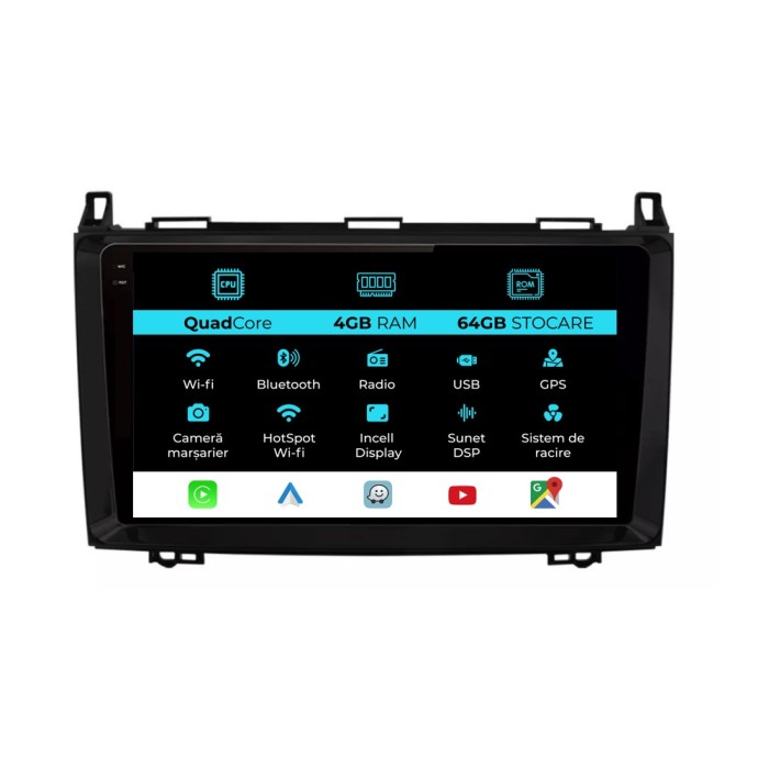 Navigatie Dedicata Mercedes Vito Sprinter Viano B200 A B Class (2005-2012), QuadCore, 9Inch, 4Gb Ram, 64Gb Stocare, Carplay