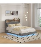 Pat Mario Gri 160x200 cm, Tapitat Catifea, Iluminare LED, Spatiu Depozitare Tablie, Fara Saltea