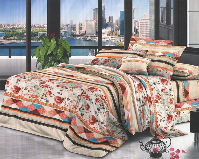 Lenjerie de pat pentru o persoana cu husa elastic pat si 2 fete perna dreptunghiulara, Giada, bumbac mercerizat, multicolor