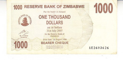 M1 - Bancnota foarte veche - Zimbabwe - 1000 dolari - 2007 foto