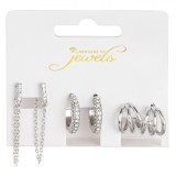 Set Cercei Language of Jewels, 3 Perechi, Argintii, Tripli Cercuri și Strass cu Lanț