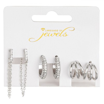 Set Cercei Language of Jewels, 3 Perechi, Argintii, Tripli Cercuri și Strass cu Lanț foto