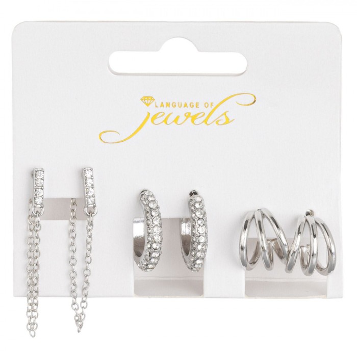 Set Cercei Language of Jewels, 3 Perechi, Argintii, Tripli Cercuri și Strass cu Lanț