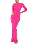 Rochie maxi cu m&acirc;neci lungi și dungi elastice, ajustată la figură &ndash; Roșu trandafiriu L