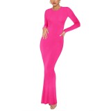 Rochie maxi cu m&acirc;neci lungi și dungi elastice, ajustată la figură &ndash; Roșu trandafiriu L