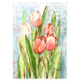 E132. Tablou, Lalele cu contururi aurii, acuarela, neinramat, 21x29 cm, Flori, Art Deco, RavariuArt
