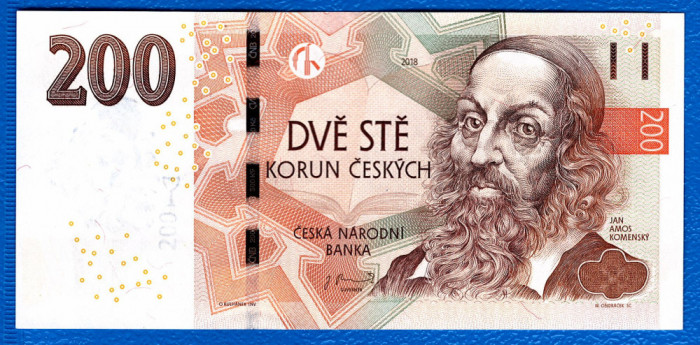 (1) BANCNOTA CEHIA - 200 KORUN 2018, PORTRET JAN AMOS KOMENSKY, STARE AUNC/UNC