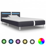 Cadru de pat cu LED, negru, 90 x 200 cm, piele artificială, Cires, Dublu, Cu polite semirotunde, vidaXL