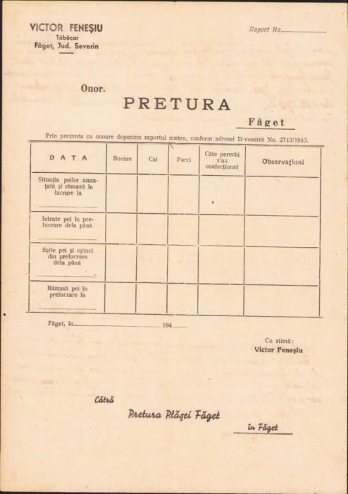 A1543 Act cu antet tăbăcar Victor Feneșiu, Făget, județul Timiș, anii 1940