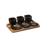 Set servire aperitive, Secret de Gourmet, maro si negru, salcam si ceramica, 16 x 25 cm si 5.5 x 5.5