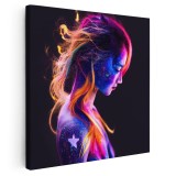 Tablou portret profil femeie cu pictura pe corp neon 1682 Tablou canvas pe panza CU RAMA 80x80 cm