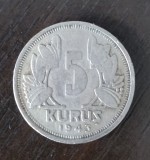 Moneda Turcia - 5 Kurus 1943