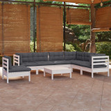 Set mobilier de gradina cu perne, 8 piese, alb, lemn masiv pin GartenMobel Dekor, vidaXL