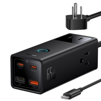 Incarcator 3xAC, 2xUSB, 2x Type-C, 65W, Cablu 100W - Baseus (PSLA020101) - Black foto