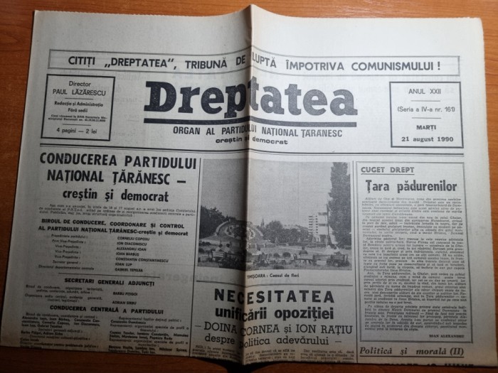 ziarul dreptatea 21 august 1990 -interviu doina cornea si ion ratiu