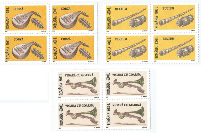 Romania, LP 1619/2003, Instrumente muzicale populare (uzuale), bloc de 4, MNH