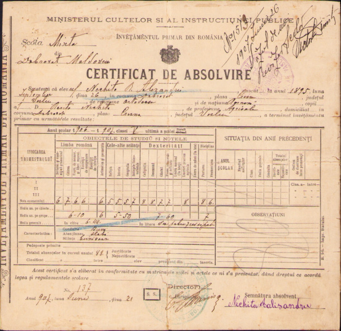 HST A1188 Certificat absolvire clasă 1907 județul Vaslui