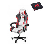 Scaun de gaming, cu perna lombara, alb, gri si rosu, 65x67x112 cm + mousepad cadou, Aragon GartenVIP DiyLine, Jumi