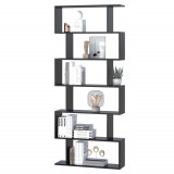 Biblioteca Design Modern in forma de S, din Lemn, cu 6 Rafturi, Negru, 80x23x192cm HOMCOM | Aosom RO