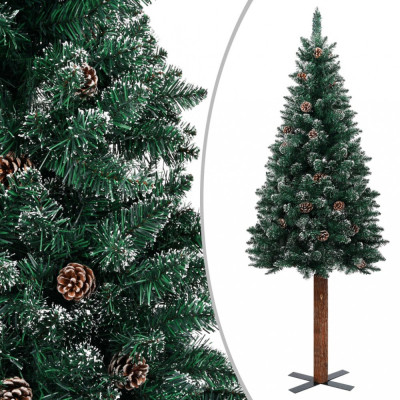 Pom Crăciun artificial subțire, lemn și zăpadă, verde, 210 cm foto