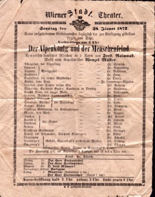 A3204N Der Alpenk&amp;ouml;nig und der Menschenfeind, 1877, program Wiener Stadt Theater foto