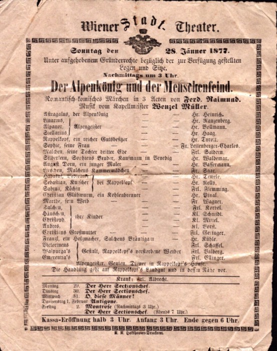 A3204N Der Alpenk&ouml;nig und der Menschenfeind, 1877, program Wiener Stadt Theater