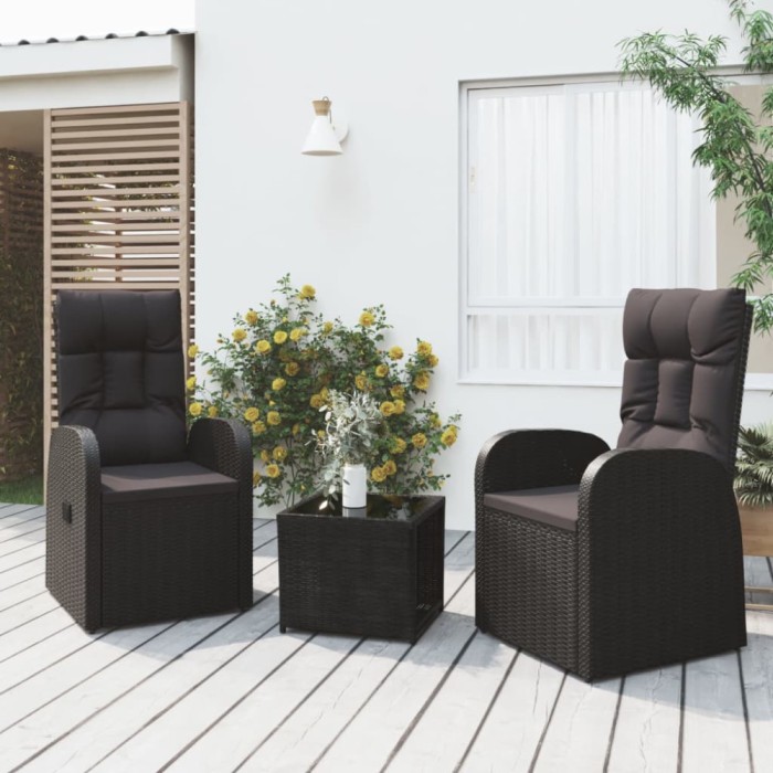vidaXL Set șezlonguri grădină, 3 piese, negru, poliratan&amp;oțel 3157659