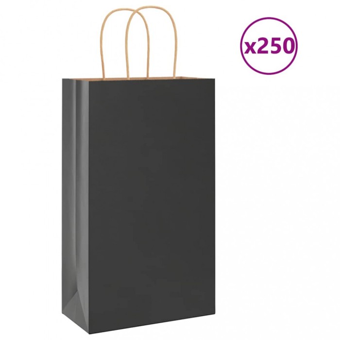 vidaXL Pungi de h&acirc;rtie 250 buc cu m&acirc;nere negre 21x11x36 cm